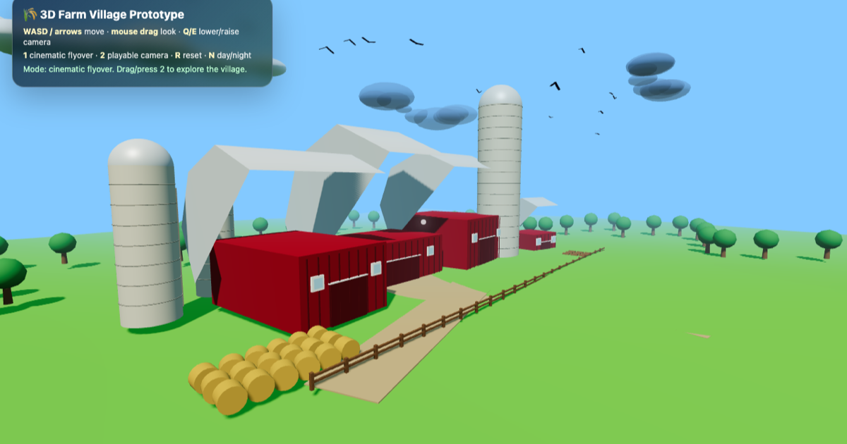 Farmer Town farm landscape with fields, barn, and village buildings